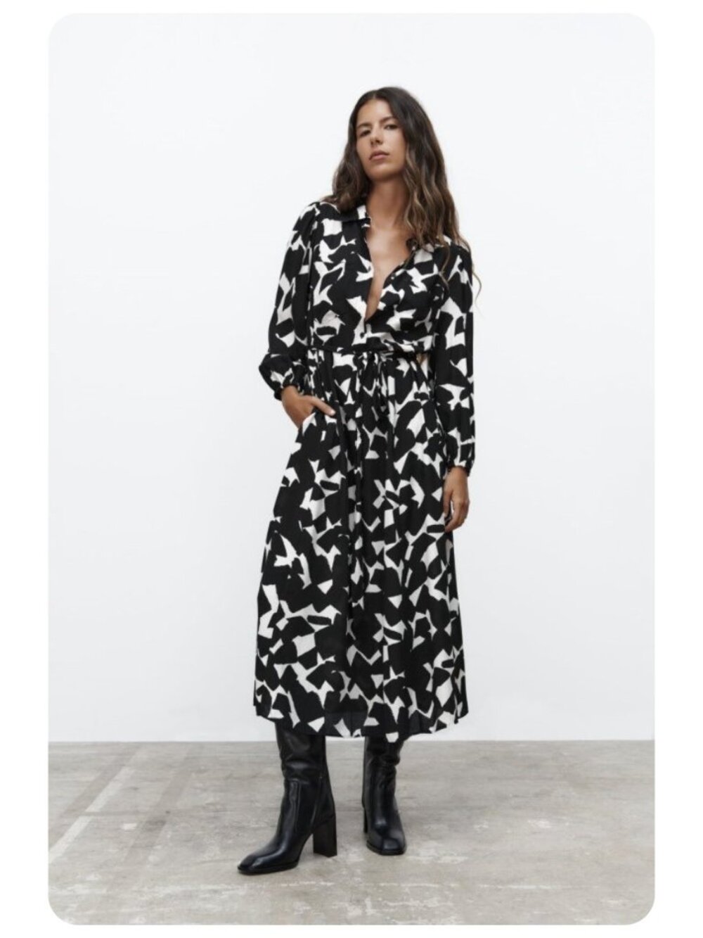Zara Black & White Printed Long Sleeve Belted Dress sz L